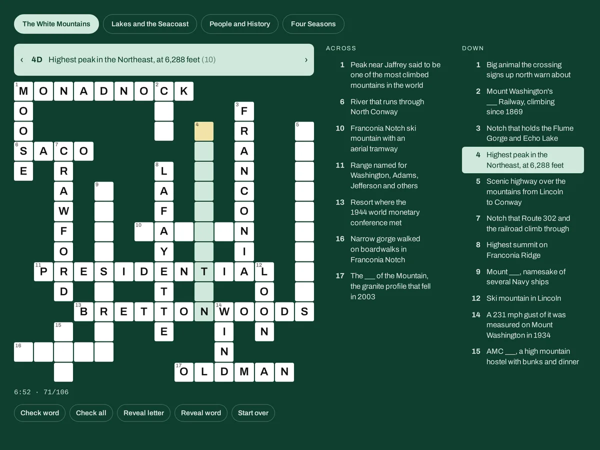 Granite Crosswords half solved, with the clue for Mount Washington highlighted above the grid